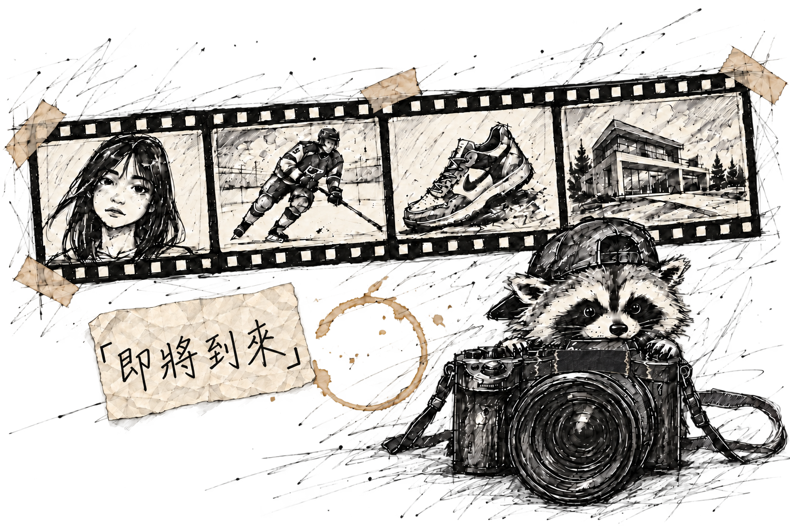 Pellicule dessinée à la main et raton laveur photographe tenant un appareil dont la marque est couverte de ruban noir, avec un billet froissé près de la tache de café annonçant « bientôt » en chinois traditionnel.